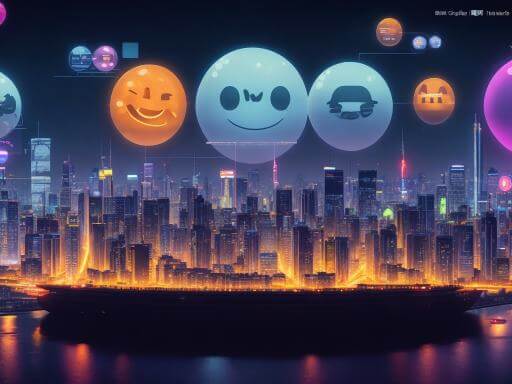 Digital cityscape representing the World of Chat community, with a prominent moderator figure using tools to facilitate discussions, guide behavior, and mute disruptions amidst the neon-lit online environment