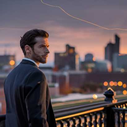 man looking over Birmingham skyline