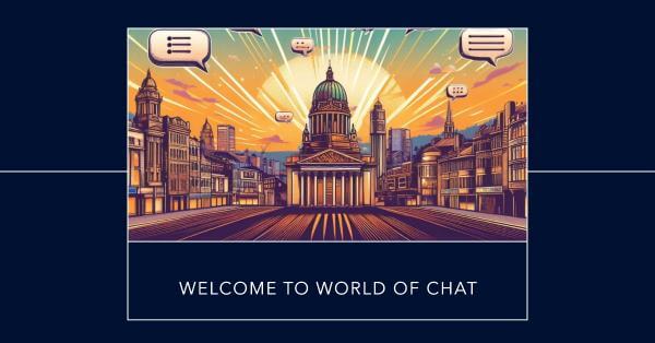 Stunning temple silhouette against a bright sunset in Bradford with Welcome to World of Chat text overlay, representing a vibrant chatbox network.