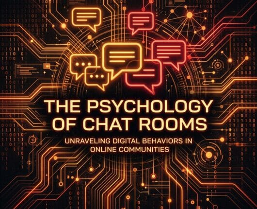 Psychology of Chat Rooms blog cover featuring glowing neon amber and red chat bubbles on a dark abstract network background