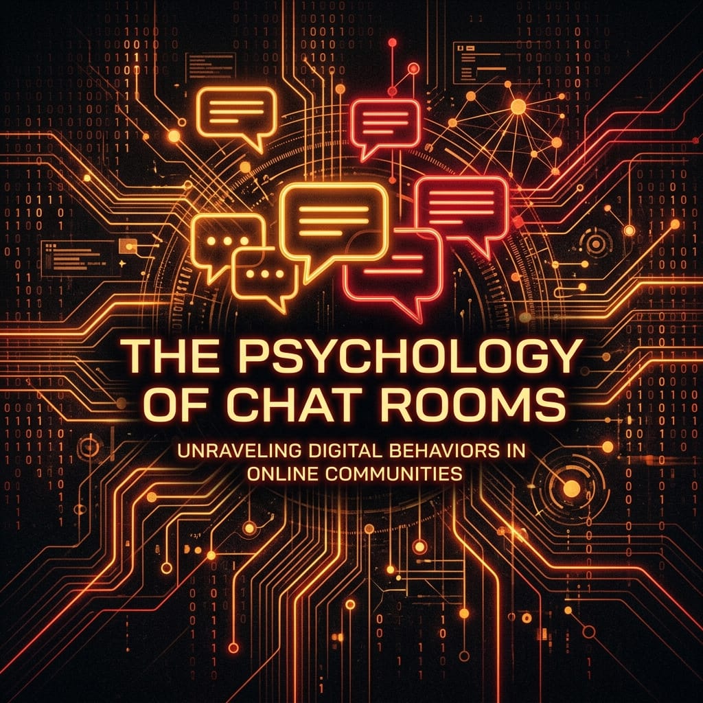 Psychology of Chat Rooms blog cover featuring glowing neon amber and red chat bubbles on a dark abstract network background