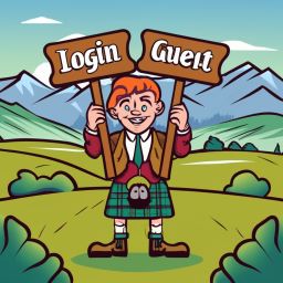 Cartoon Scottish character presenting 'Login' and 'Guest' options, inviting members to join the network and follow chat guidelines