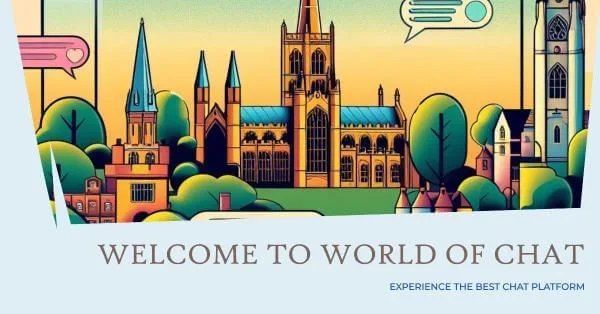 Illustration of Hertfordshire landmarks with chat bubbles, showcasing a platform where members socialize and communicate virtually
