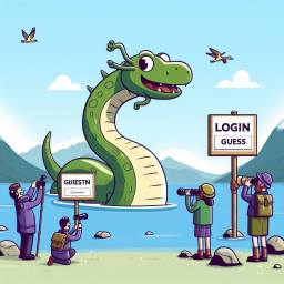 Nessie holding 'Login' and 'Guest' signs by Loch Ness, inviting users to join the Inverness-shire chat community