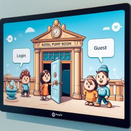Cartoon representation of Harrogate's Royal Pump Room Museum with doors for registered and guest participants to join the chatbox forum