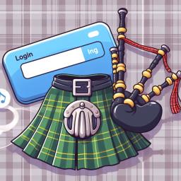 Cartoon-style Scottish kilt with 'Login' and 'Guest' buttons, inviting users to join discussions on the chat platform