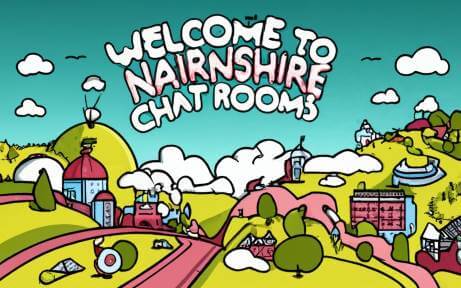 Animated Nairnshire backdrop with characters using chatbox and chatbot features, showcasing the virtual messaging platform