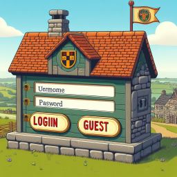 Colorful house scene with 'Guest' and 'Login' labels, accompanied by a flag - Your gateway to Rutland's interactive community forum, messaging platform