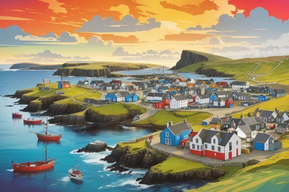 Shetland coastline with houses and boats; a hub for travel, nature discussions, hiking, and photography.