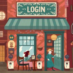 Animated tea room scene representing York's chatmates logging in and guests entering, highlighting the platform's chatlogs and chatbot functionalities