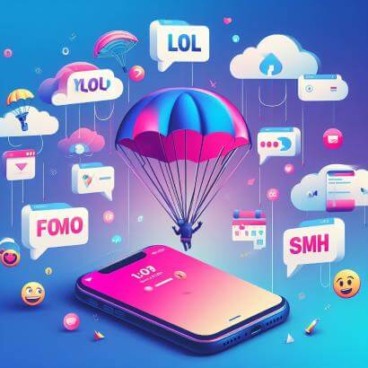 A vibrant illustration of a lively online forum where participants engage in acronym-rich talk, showcasing the evolution of texting slang and SMS language, complete with a bingo card of popular short forms, reflecting the etiquette and rules of digital chat discussion