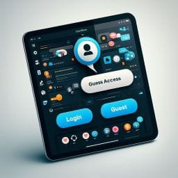 iPad chat interface offering both Login and Guest Access options for participants, highlighting seamless messaging, chatbot interactions, and a dynamic social network platform