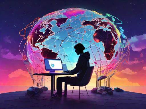 Conceptual digital art of a vibrant online landscape with avatars globally connected by glowing lines, foregrounding a silhouette at a computer, with code overlaying the sky, representing Omegle's journey.