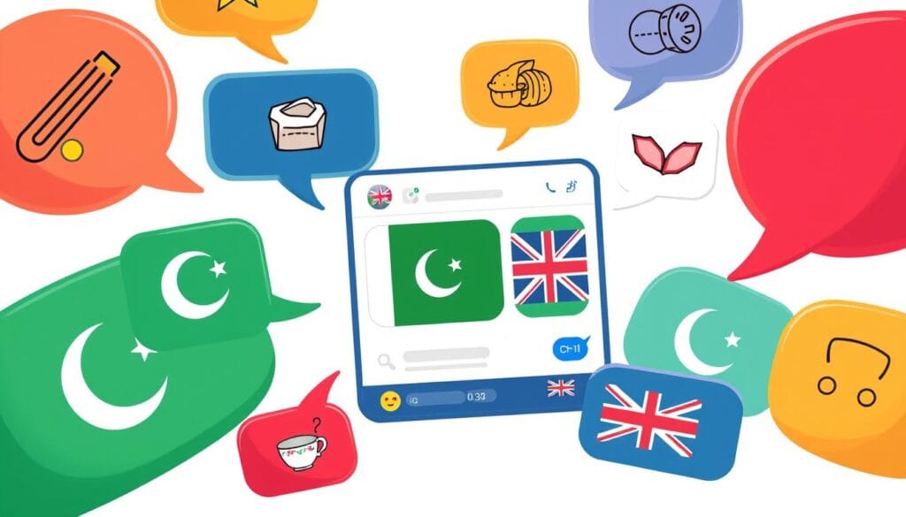 A colorful illustration of various conversation starter topics floating as speech bubbles around a central Pakistani-themed chat interface