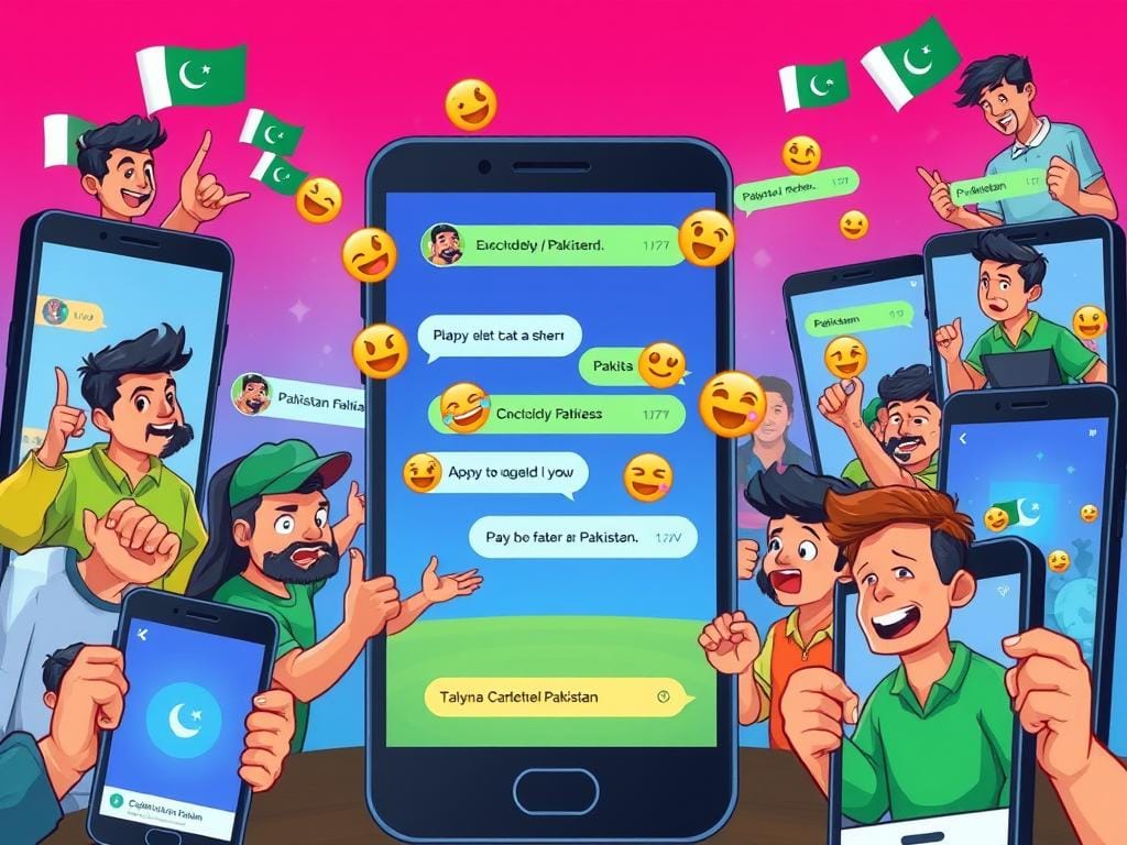 A lively cartoon showing Pakistani chat room during a cricket match with users sending excited messages and cricket emojis flying across the screen