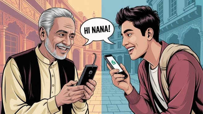 A split-screen illustration showing an older Pakistani person in traditional clothes and a young British-Pakistani in modern attire both chatting on devices with connecting speech bubbles between them