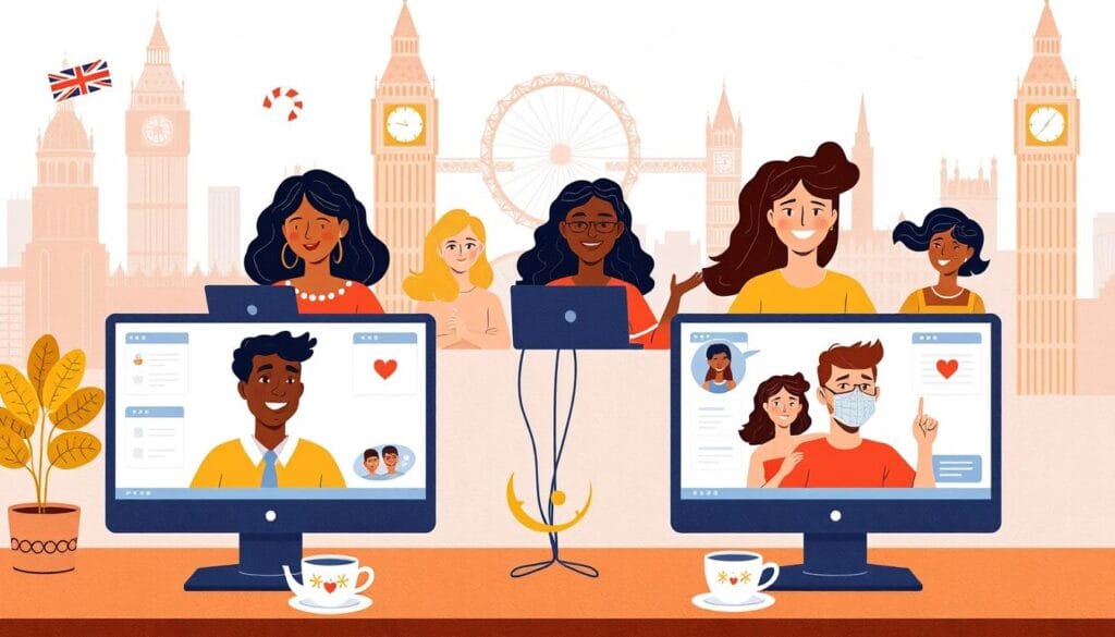 A welcoming image showing diverse people chatting in a British-themed online environment