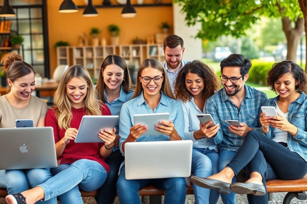 Diverse group of people enjoying World of Chat's flirt chat rooms on various devices