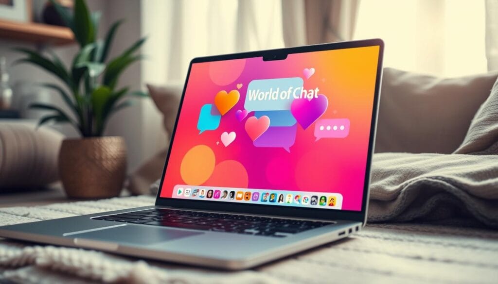 Laptop showing World of Chat's flirt chat rooms interface with animated hearts