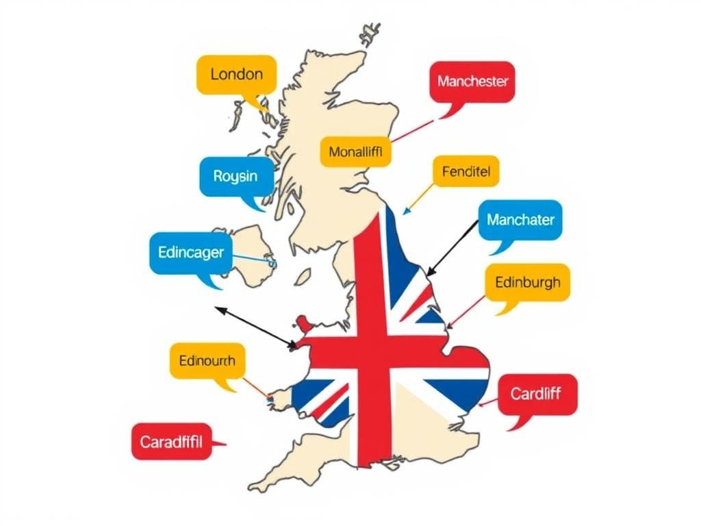 Map of UK with chat bubbles emerging from different regions