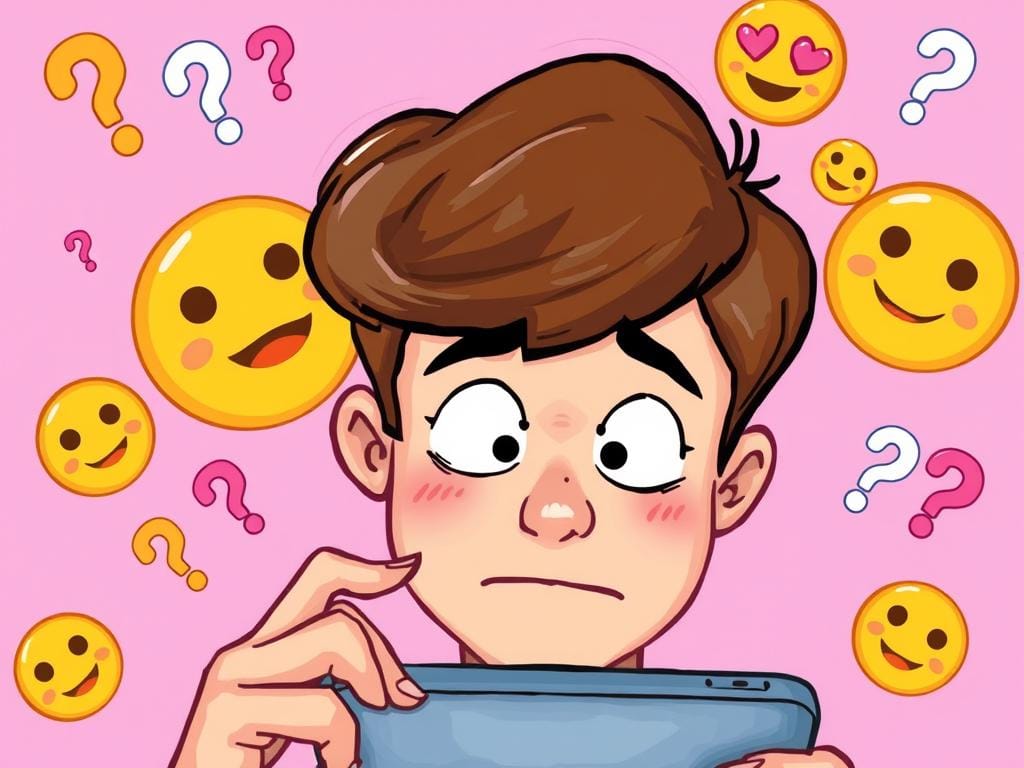 Person with confused expression surrounded by emoji symbols in flirt chat rooms Person with confused expression surrounded by emoji symbols in flirt chat rooms