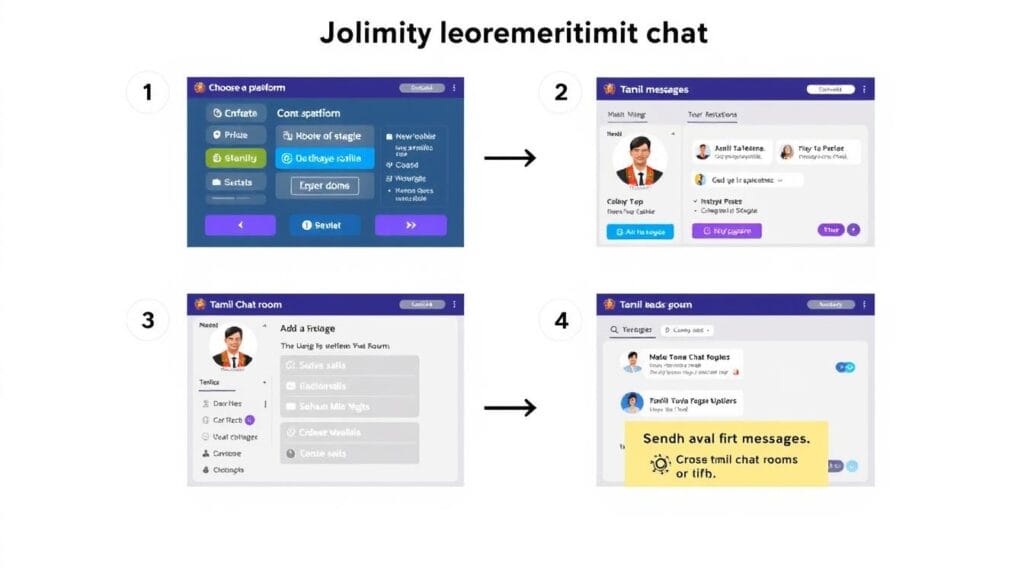 Step-by-step guide to joining a Tamil chat room with interface elements labeled