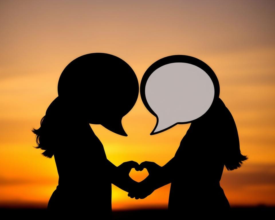 Sunset silhouette of two chat bubbles forming a heart shape in flirt chat rooms