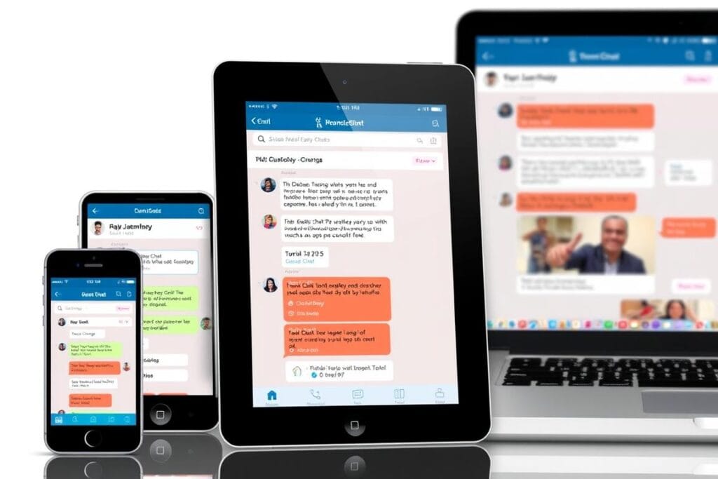 Tamil chat room features displayed on multiple devices