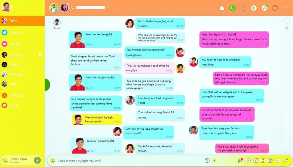 Tamil chat room showing multiple users engaged in cultural discussion with Tamil text visible