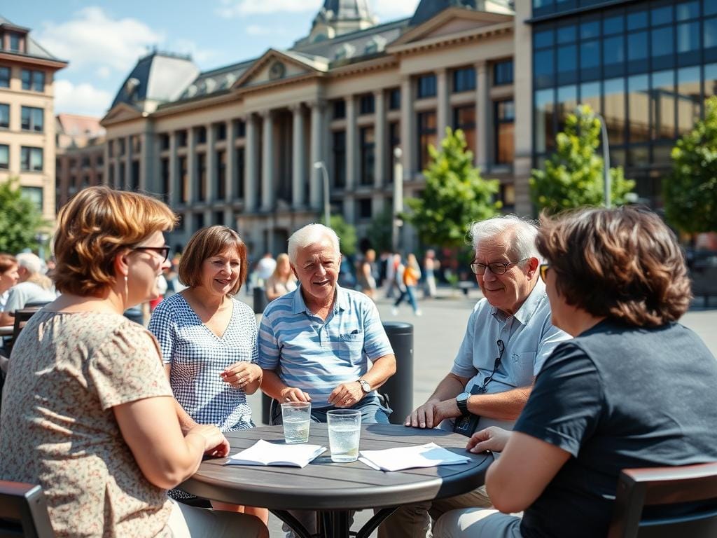 Diverse group of Leeds residents enjoying conversation at Millennium Square