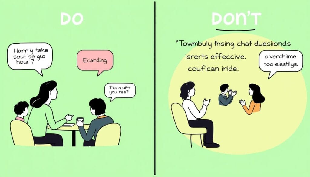 Illustration showing dos and don'ts of using chat room icebreakers