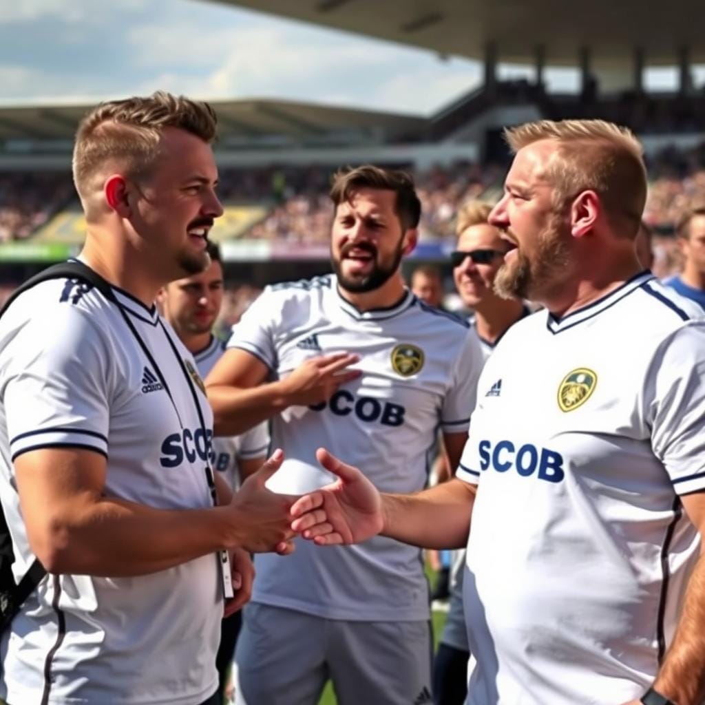 Leeds United fans in white jerseys discussing match results