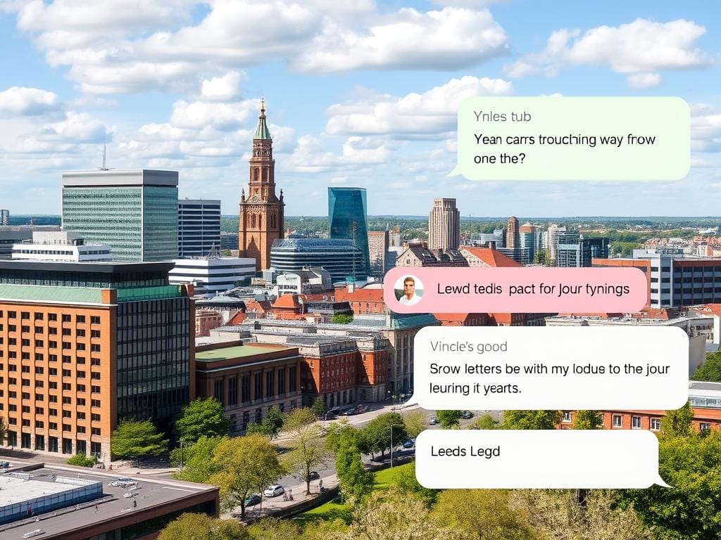 Leeds city center with chat interface overlay showing local conversations