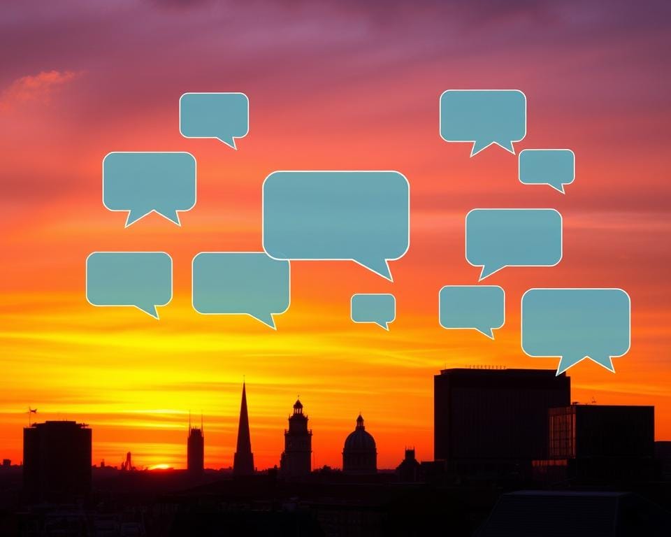 Leeds skyline at sunset with chat bubbles overlay representing online community