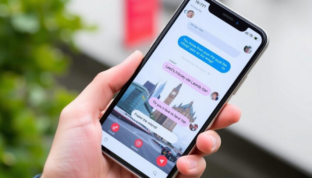 Mobile phone showing Leeds chat room interface with local landmarks in background