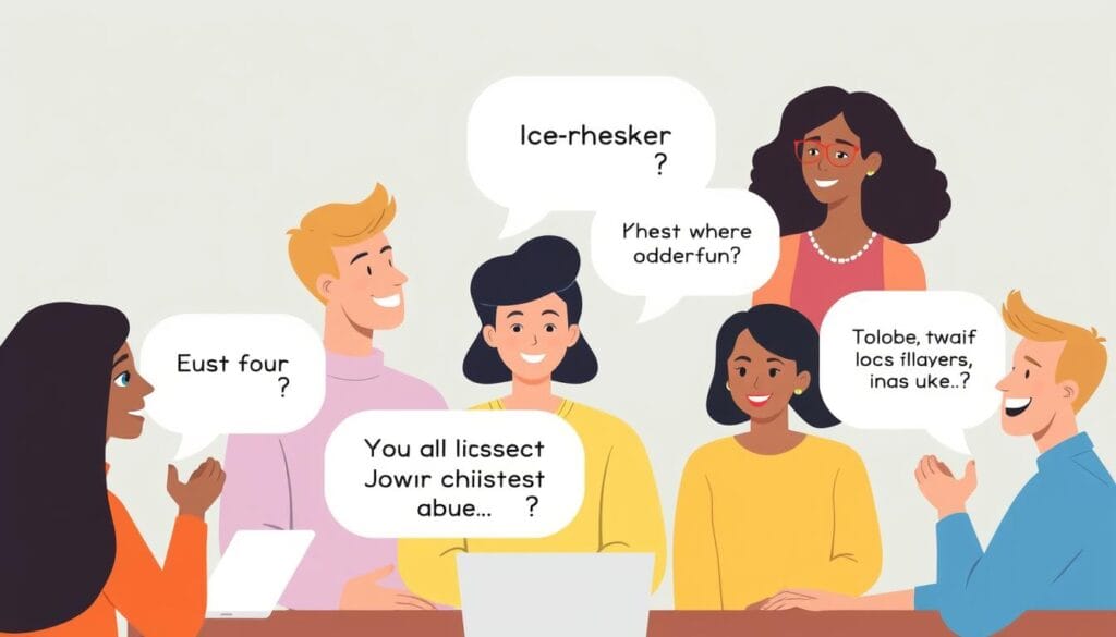 People chatting online with speech bubbles showing chat room icebreakers