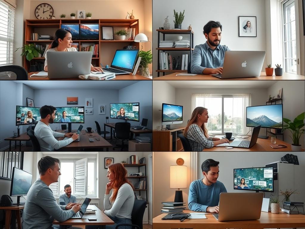 People in a work chat room sharing home office setups