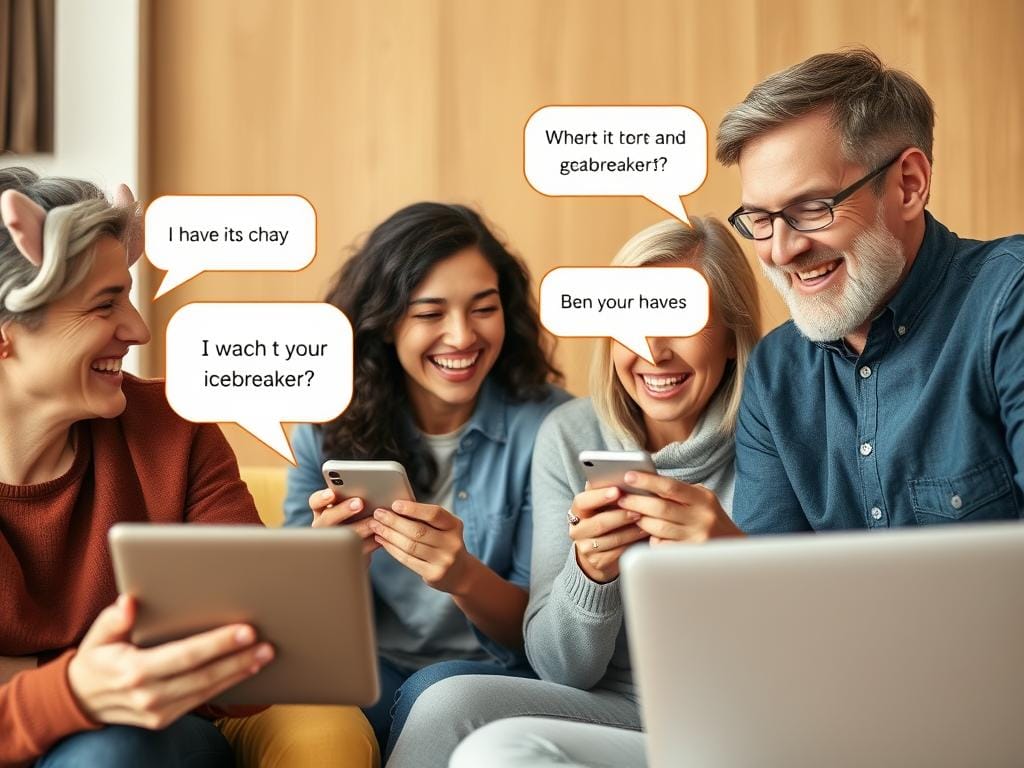 People laughing while using chat room icebreakers on their devices