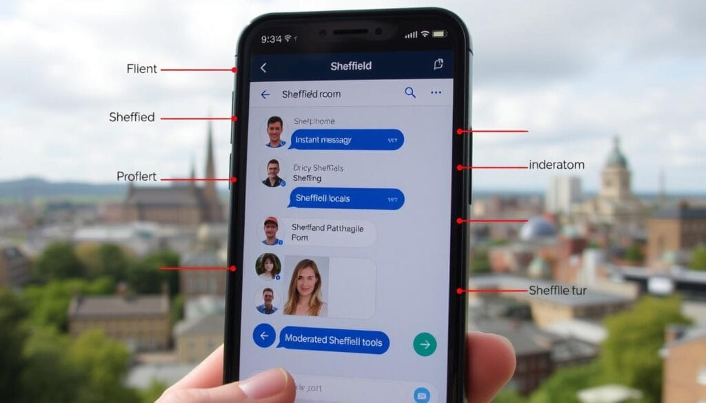 Sheffield chat room interface showing various features and active users