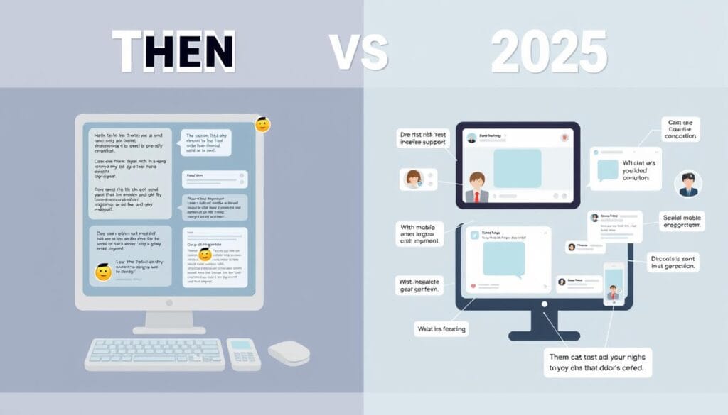 Then vs Now infographic comparing Berlin Chat Research Project era technology with modern chat platforms