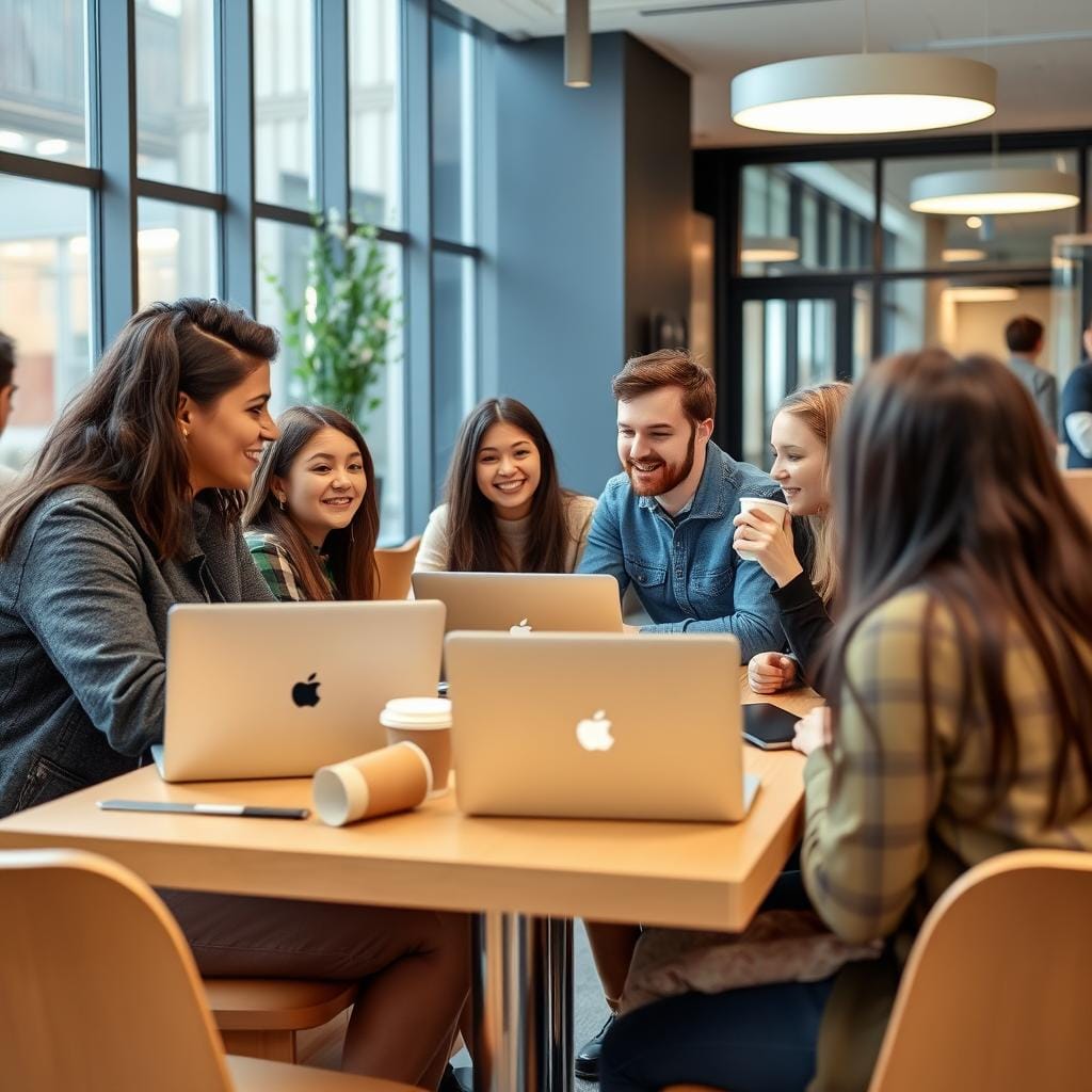 University of Leeds students chatting in a campus café