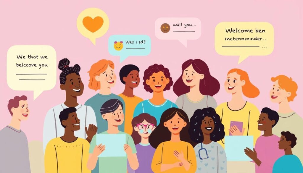 Diverse group of people in supportive online chat community