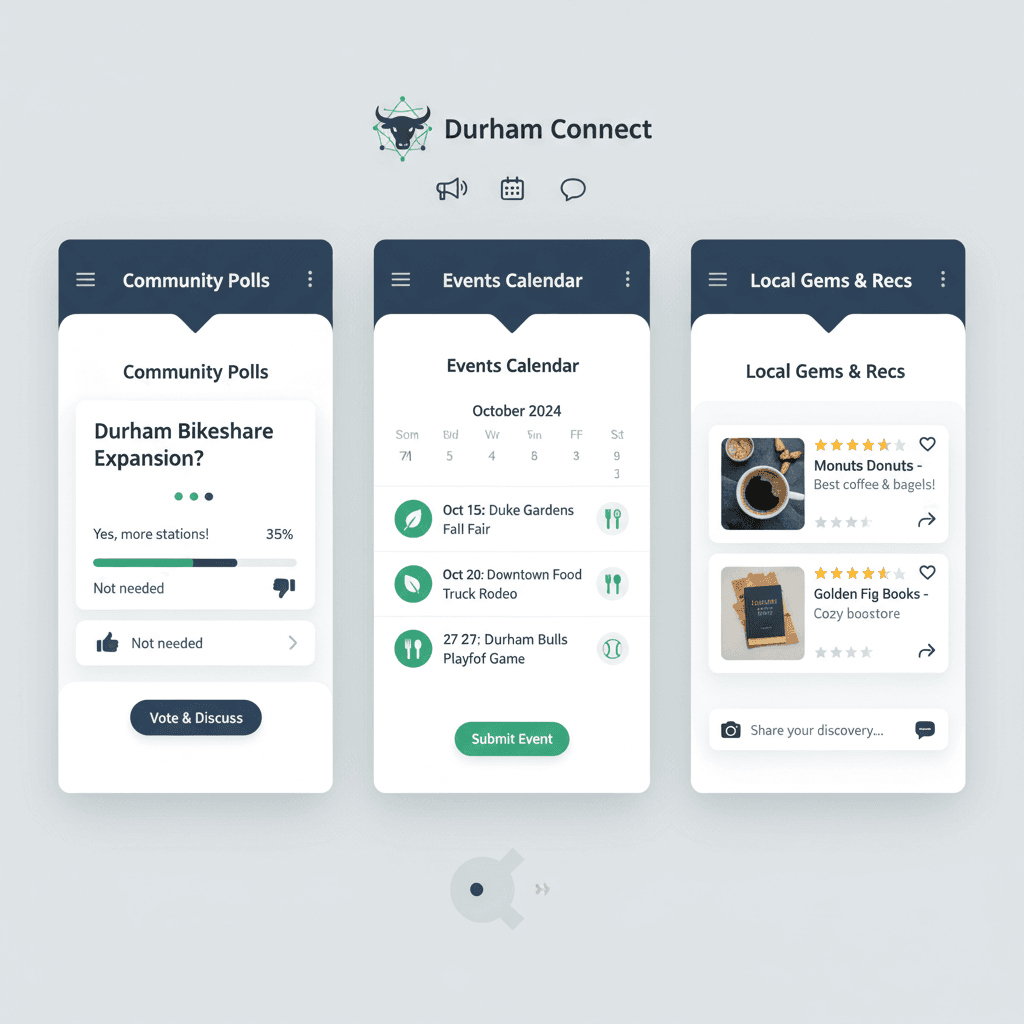 Durham chat rooms community tools showing polls, events calendar and local recommendations