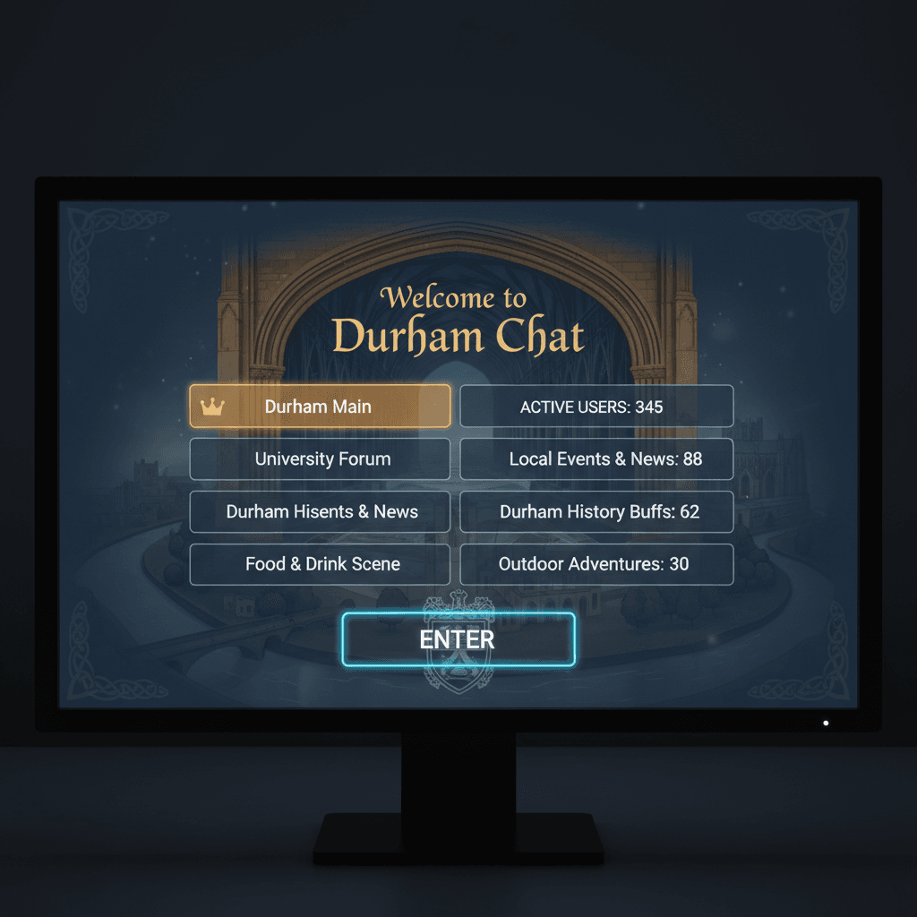Durham main chat room entrance screen with welcome message