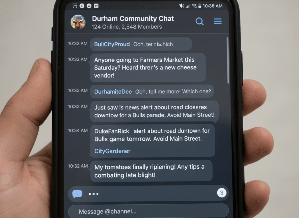 Live chat conversation showing active Durham community discussions