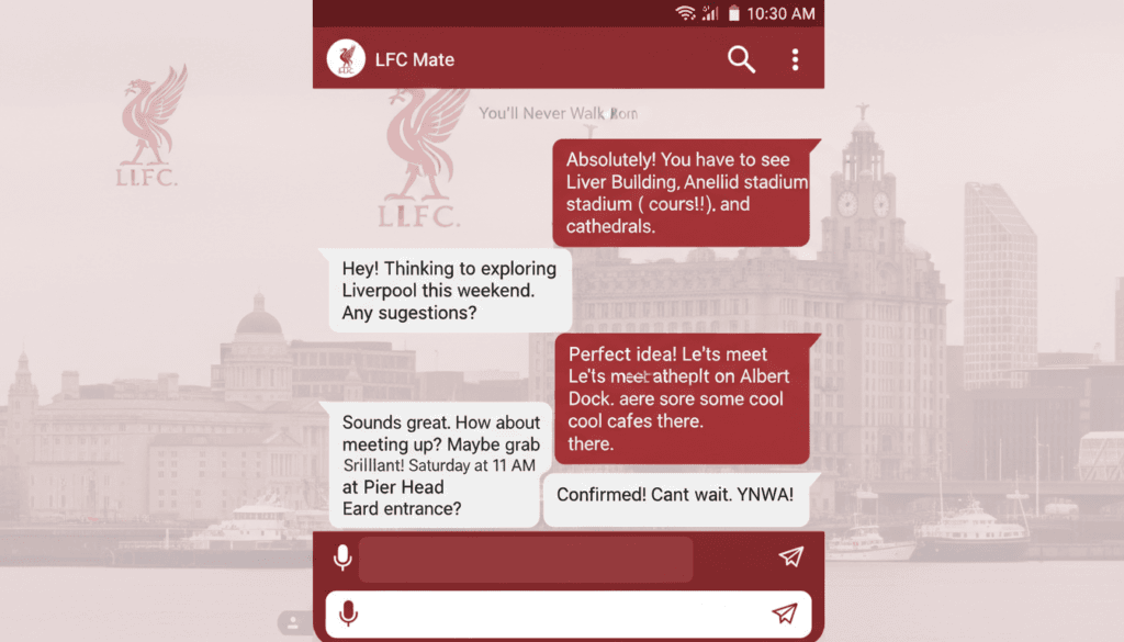 Liverpool Chat Rooms private messenger showing one-to-one conversation between users