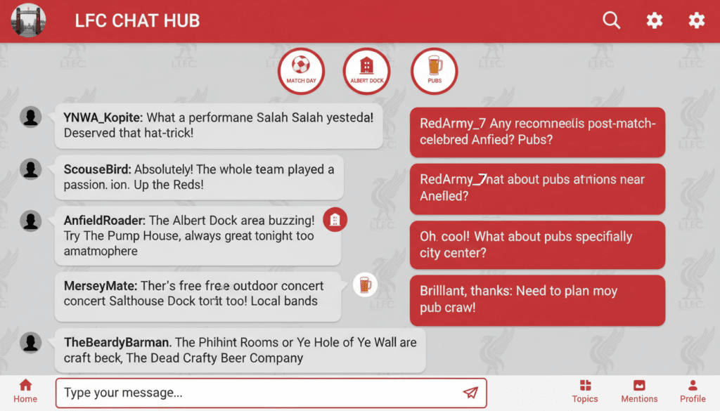 Liverpool Chat Rooms public chat interface with multiple users discussing Liverpool topics