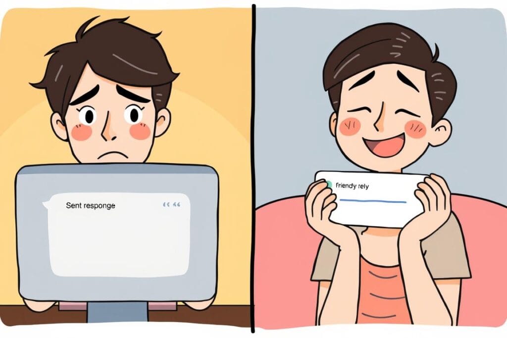 Person feeling relief after receiving response in chat