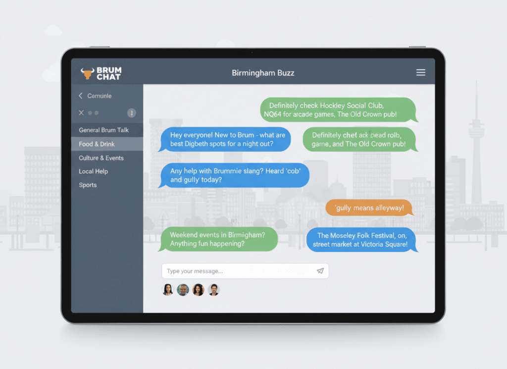 A visual representation of a Birmingham chat room interface showing local conversations