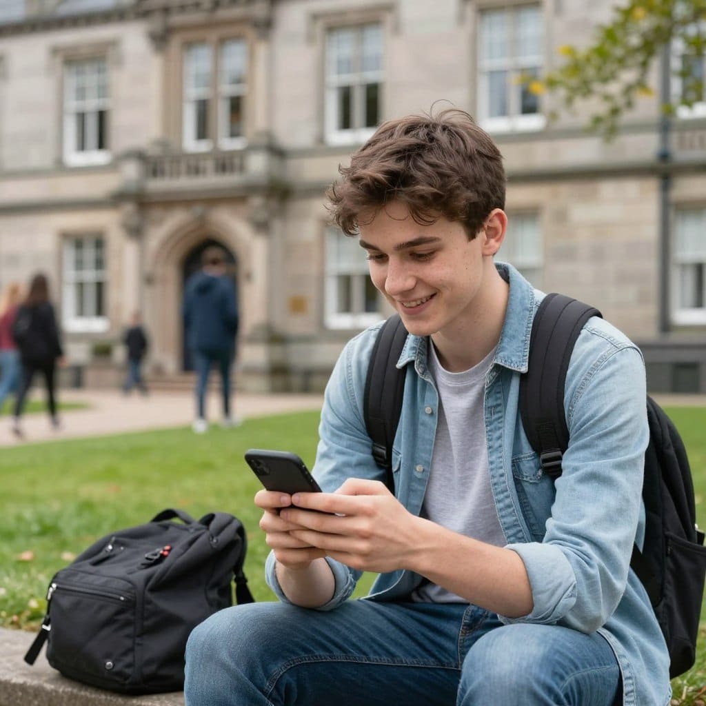 Aberdeen university student chatting online between classes